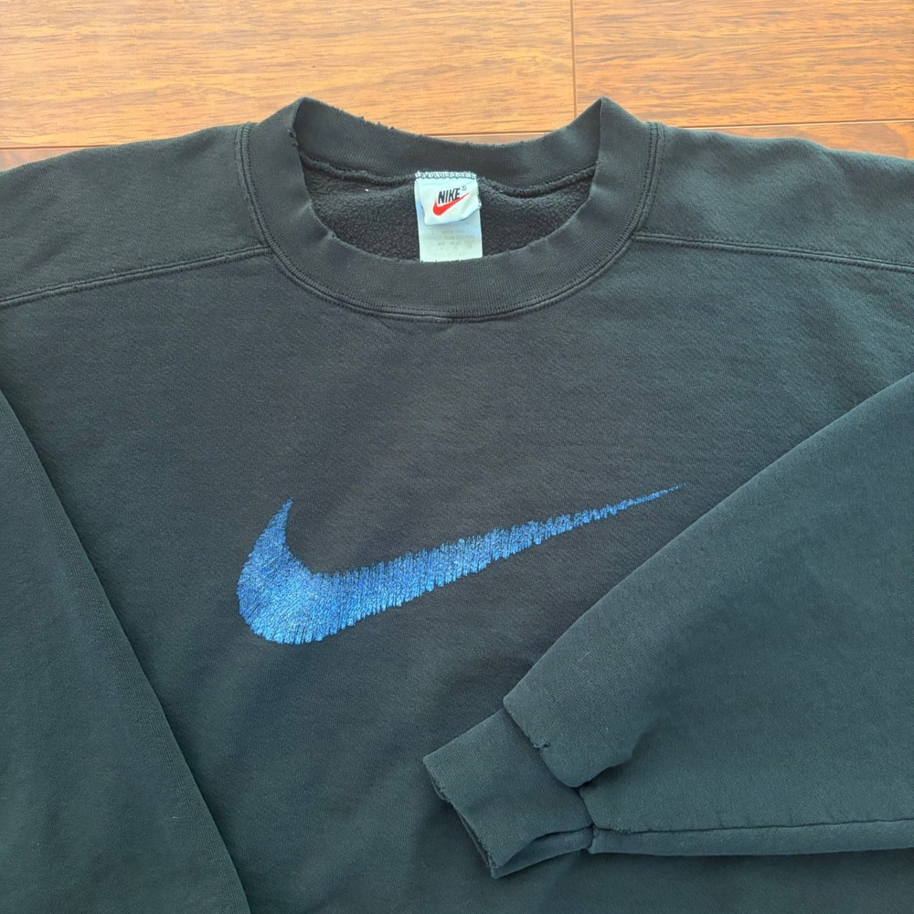 Nike Mens Vintage 90s Embroidered Swoosh Sweatshirt XL Black Blue Made in USA